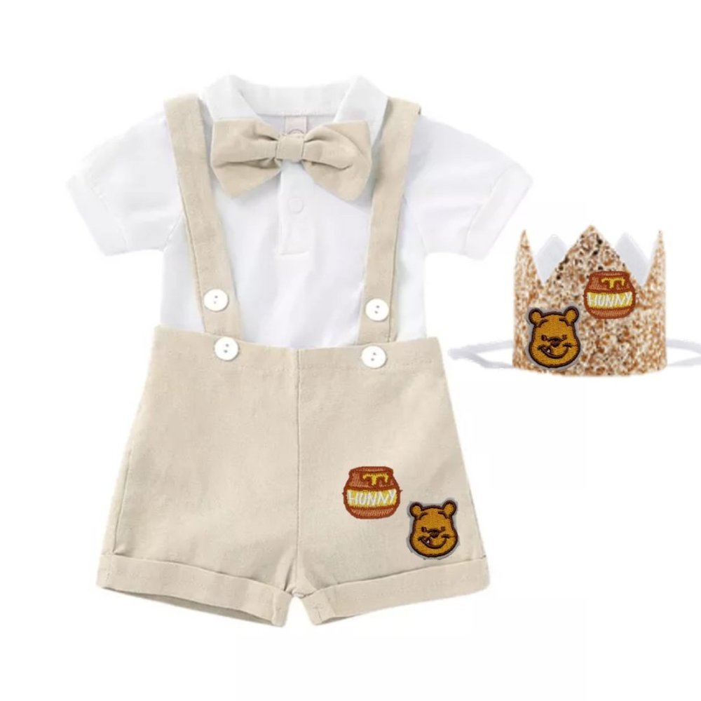 Classic Winnie the Pooh Beige Boy First Birthday Outfit Clothes Suspenders crown - Picture 10 of 10